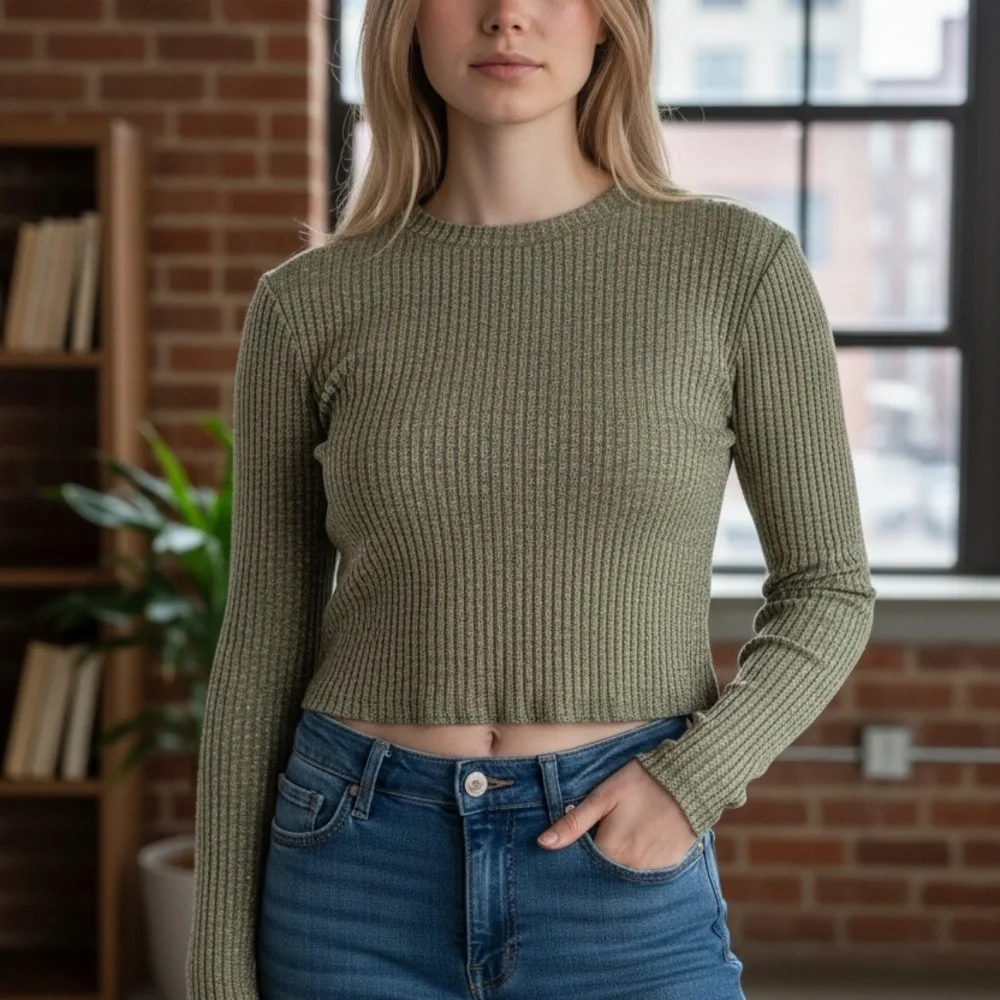 Multicolored Green Ribbed Long Sleeve Top